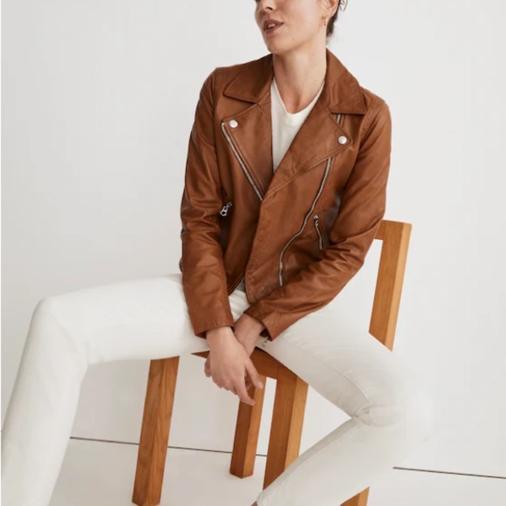 Madewell Washed Leather Motorcycle Jacket in Cedar (S) Like New - Picture 6 of 15